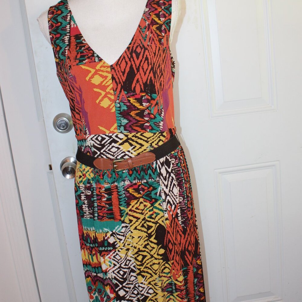 Robbi Bee Maxi Dress, Pull On Colorful Art Deco Knit Dress Size L - Picture 4 of 9